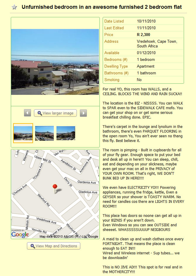 Best Apartment Rental Ad Ever, Cape Town