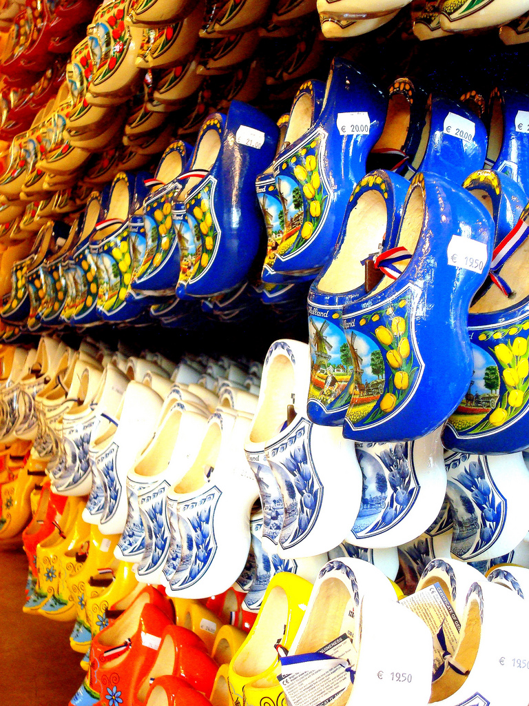 Store with rows of hanging clogs, Amsterdam