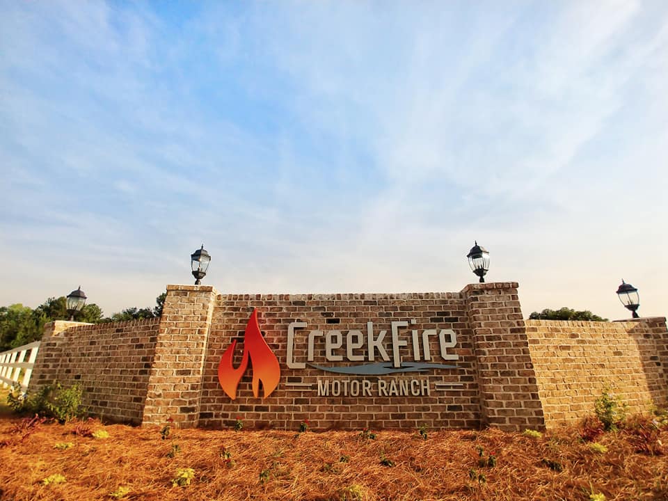 Entry sign at CreekFire Motor Ranch in Savannah, GA