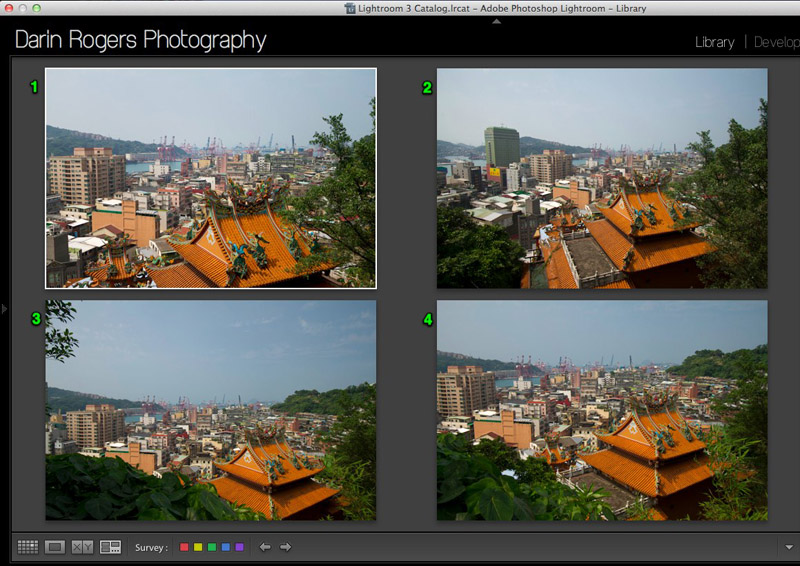 Software displaying four slight variations of a single travel photo
