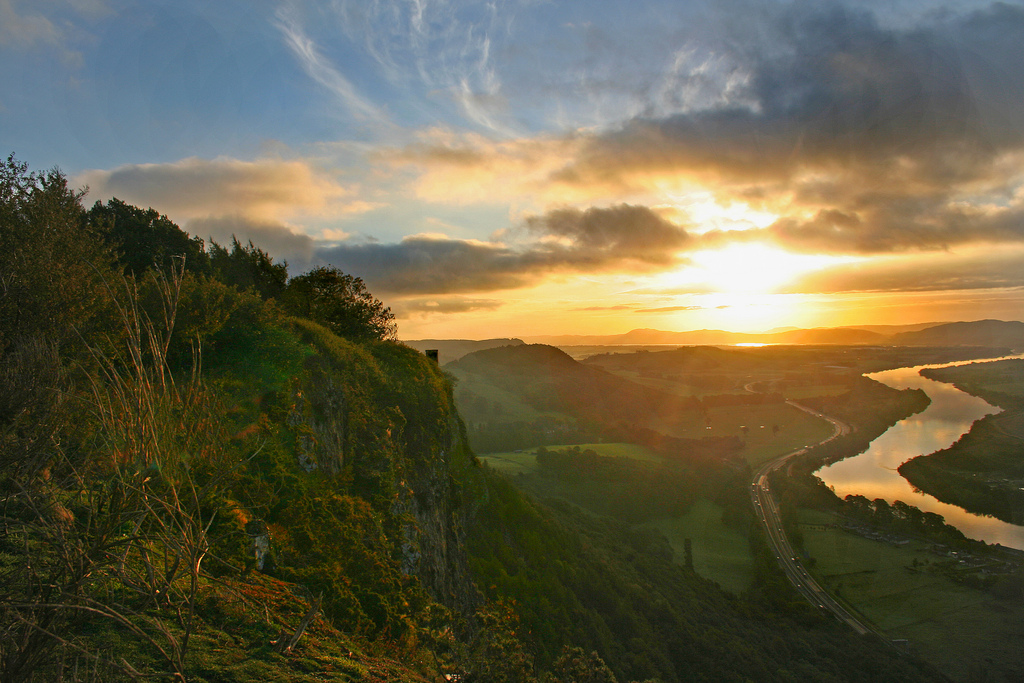 Watching dawn sunrise from Kinnoull Hill over the River Tay, Scotland