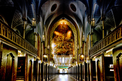 Interior, low-angle shot of The Church of the Holy Innocents, New York City