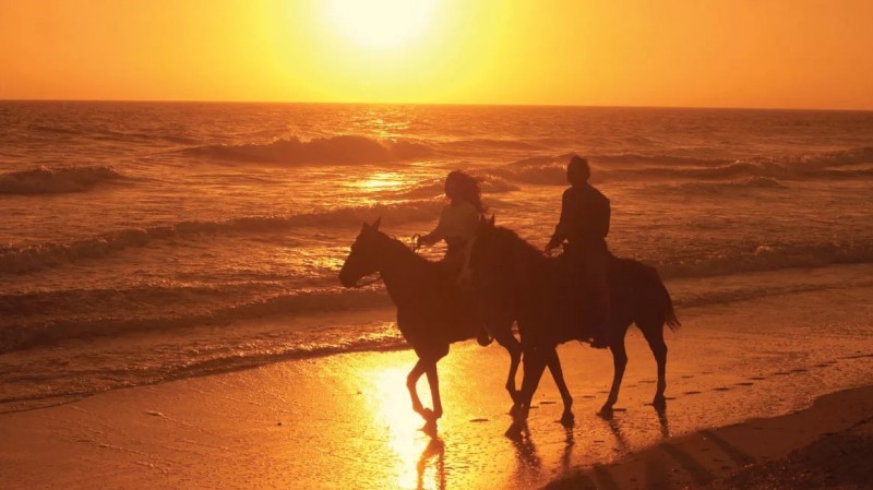 Couple Horseback Riding on the Beach