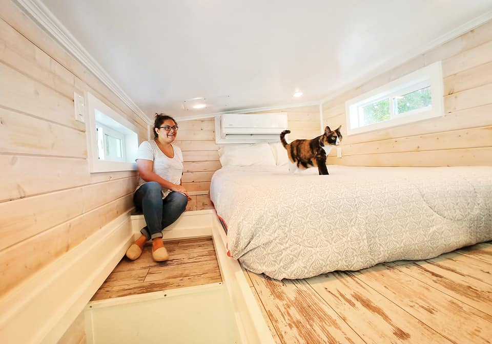 Lizzi the Travel Cat exploring the bedroom of our tiny house in Sarasota, Florida