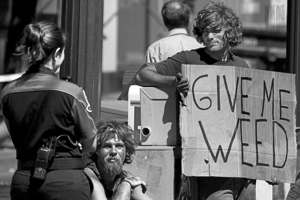 Man with "Give Me Weed" Sign in Portland, Oregon