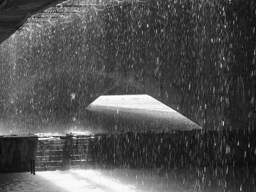 Falling rain captured from under a bridge in Iran (black and white)