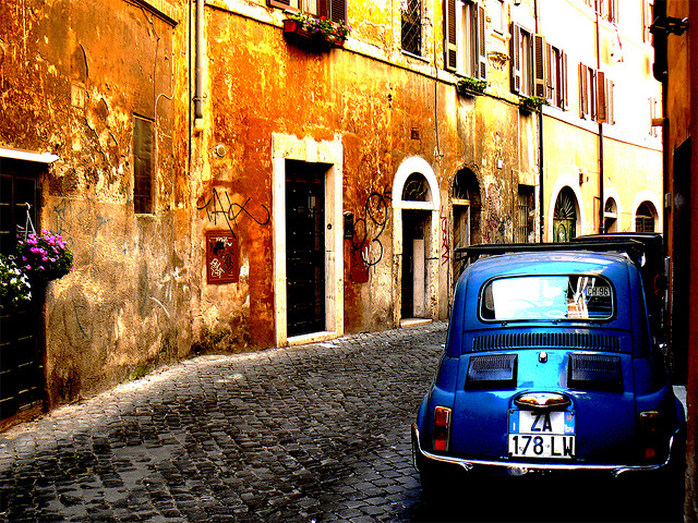 Blue Car on Street, Rome, Italy