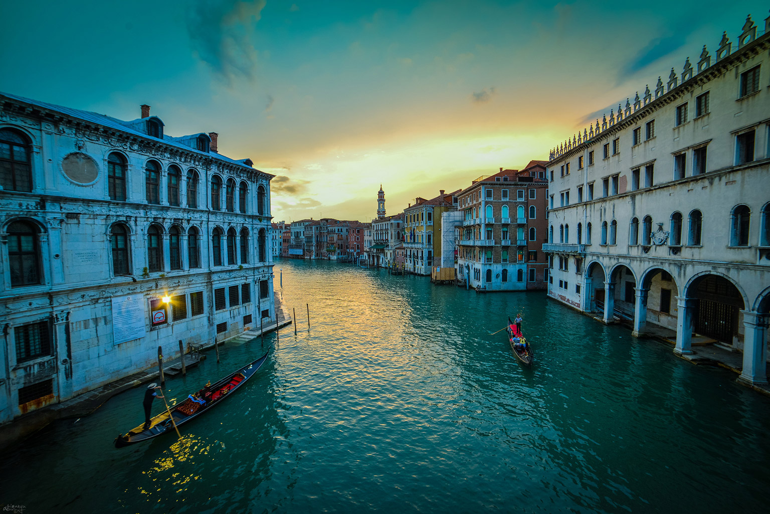 Venice, Italy - dusk shot from the side of Ponte Rialto