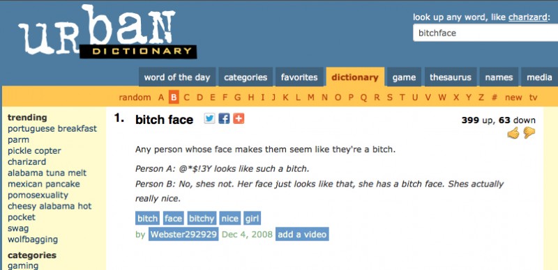 Definition of "Bitch face" (via Urban Dictionary)