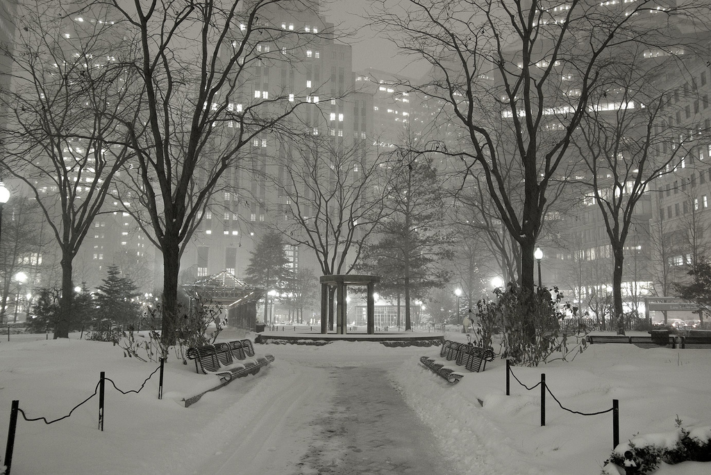 Winter scene in the financial district of Boston