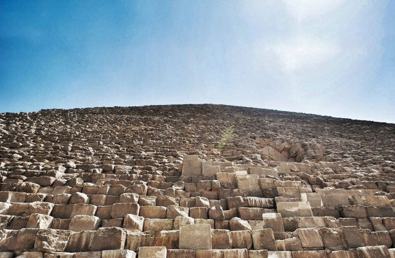 Intricate stonework of Egypt's Great Pyramid of Giza (low angle)